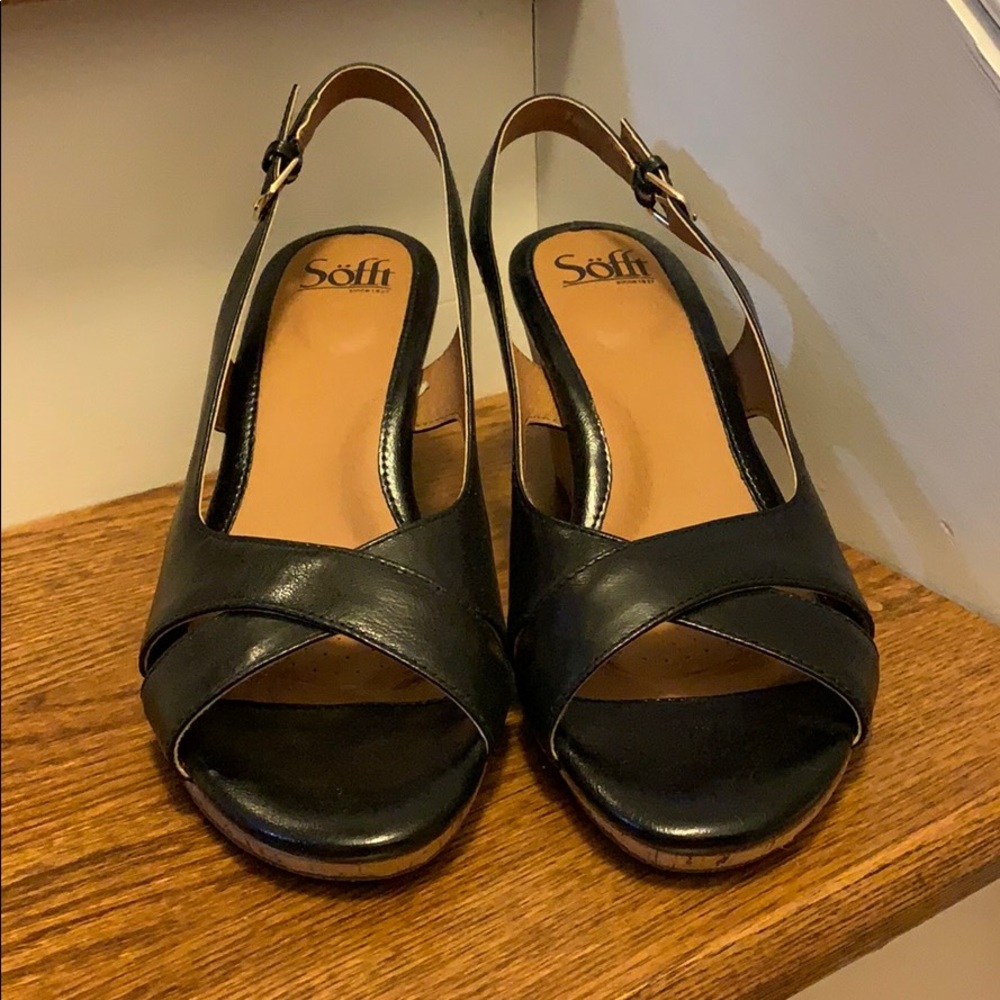 Sofft Black Leather & Cork Wedges
